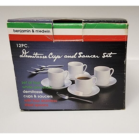 VINTAGE BENJAMIN & MEDWIN 8 PIECE WHITE DEMITASSE SET 4 CUPS/4 SAUCERS - Picture 8 of 8